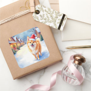 Finnish Lapphund Snowy Village Santa Hat Christmas Square Sticker