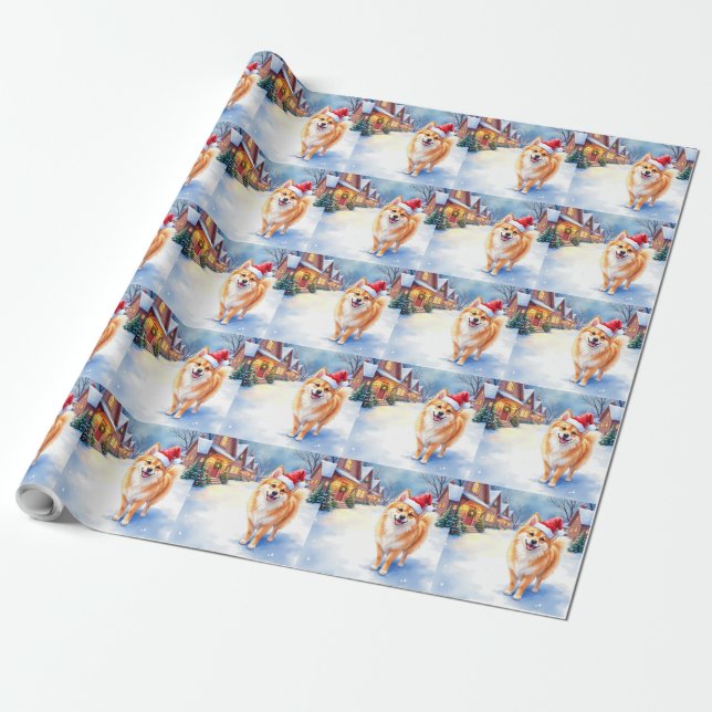 Finnish Lapphund Snowy Village Santa Hat Christmas Wrapping Paper (Unrolled)