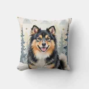 Finnish Lapphund Watercolor Nordic Pattern Art Throw Pillow