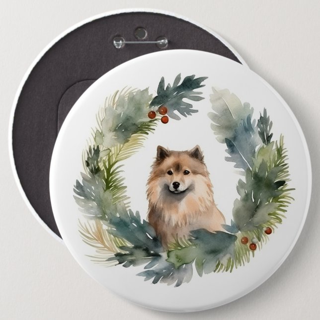 Finnish lappund Christmas Wreath Festive Pup 6 Inch Round Button (Front & Back)