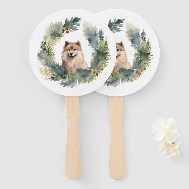 Finnish lappund Christmas Wreath Festive Pup Hand Fan (Front and Back)