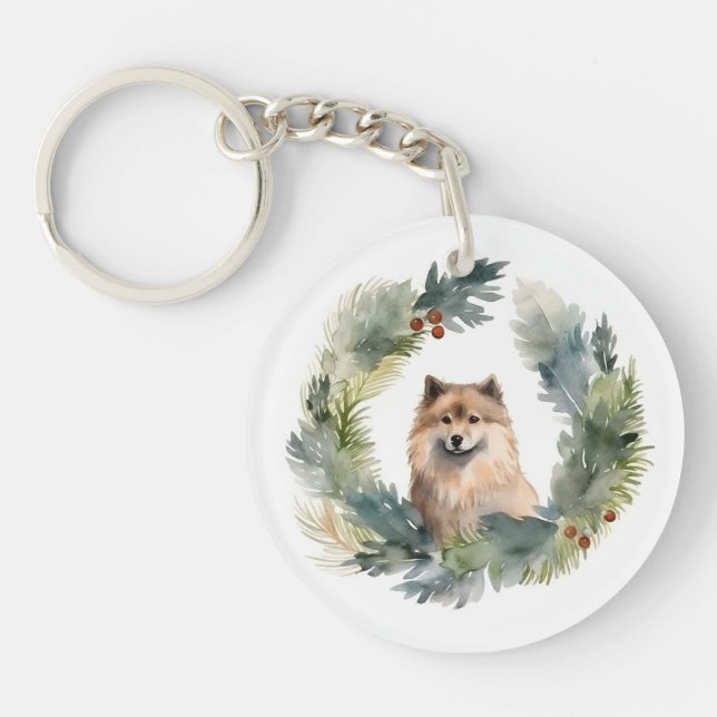 Finnish lappund Christmas Wreath Festive Pup Keychain (Front)