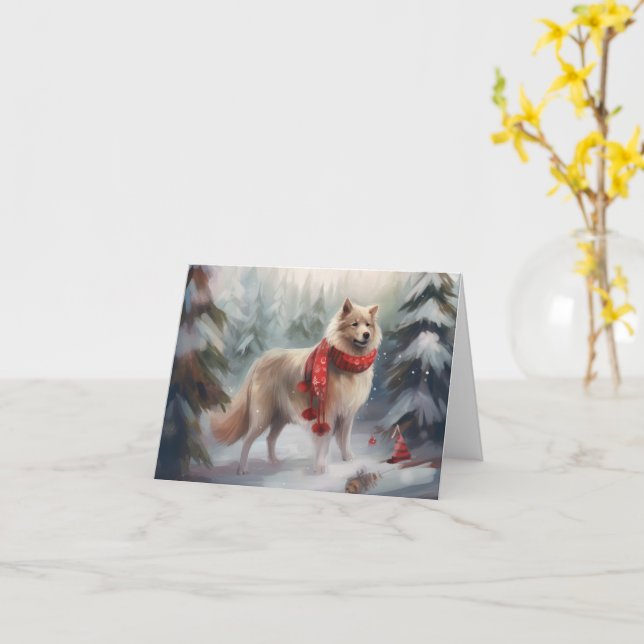 Finnish Lappund Dog in Snow Christmas  Card (Yellow Flower)