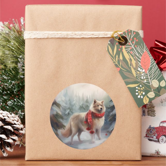 Finnish Lappund Dog in Snow Christmas  Classic Round Sticker (Holiday)