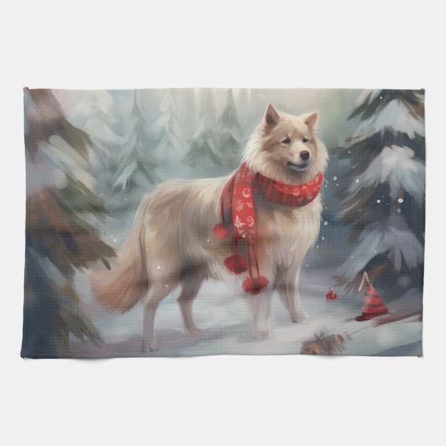 Finnish Lappund Dog in Snow Christmas  Kitchen Towel (Horizontal)