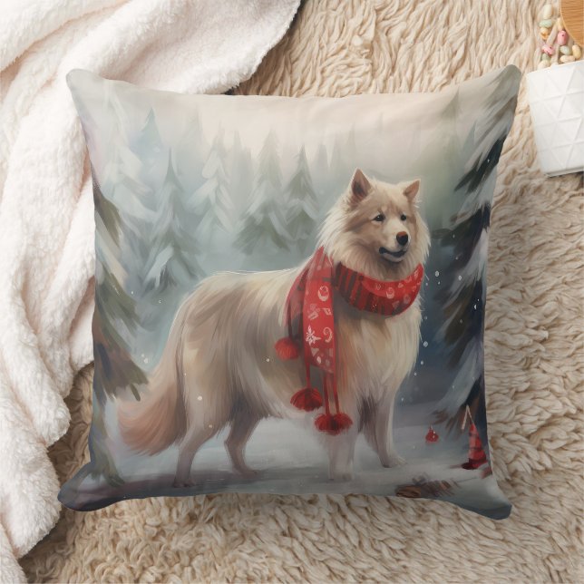 Finnish Lappund Dog in Snow Christmas  Throw Pillow (Blanket)