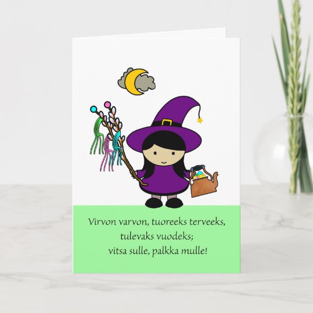 Finnish Palm Sunday, Cute Witch Card (Front)