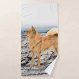 Finnish Spitz at Seashore Painting - Dog Art Bath Towel Set