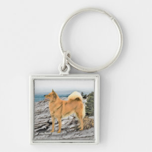 Finnish Spitz at Seashore Painting - Dog Art Keychain