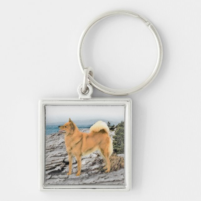 Finnish Spitz at Seashore Painting - Dog Art Keychain (Front)
