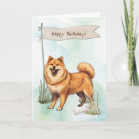 Finnish Spitz Dog Outdoors Under Birthday Sign