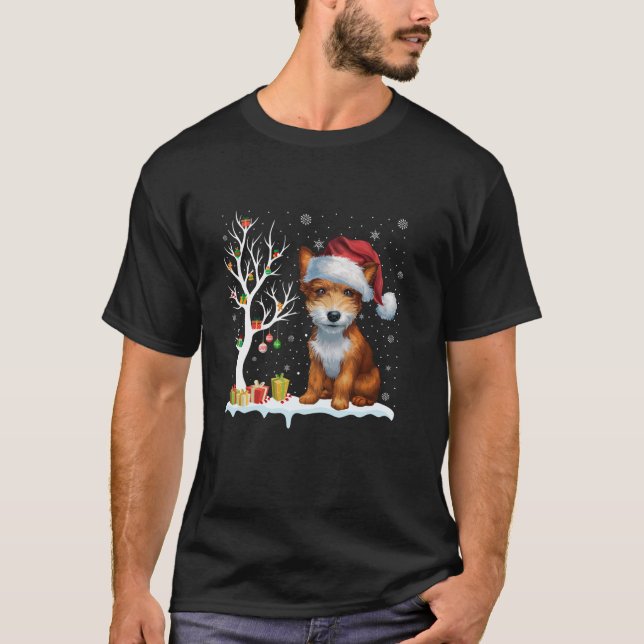 Finnish Spitz Dog Santa Hat Festive Tree Light Xma T-Shirt (Front)