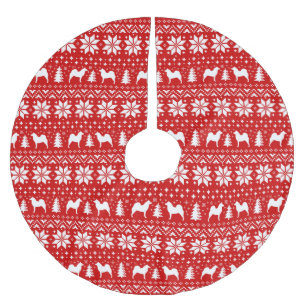 Finnish Spitz Silhouettes Christmas Pattern Red Brushed Polyester Tree Skirt