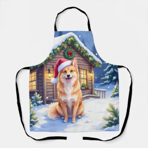 Finnish Spitz Snowy Cabin Santa Hat Christmas Art Apron