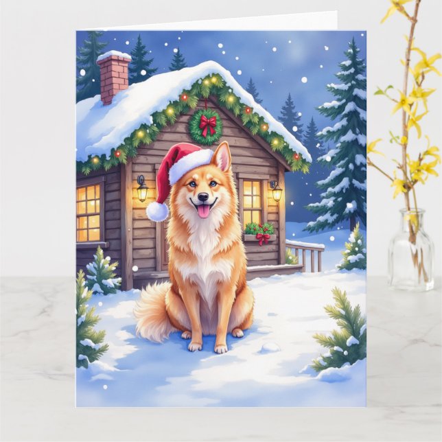 Finnish Spitz Snowy Cabin Santa Hat Christmas Art Card (Yellow Flower)