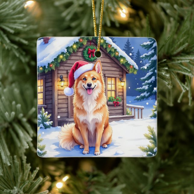 Finnish Spitz Snowy Cabin Santa Hat Christmas Art Ceramic Ornament (Tree)