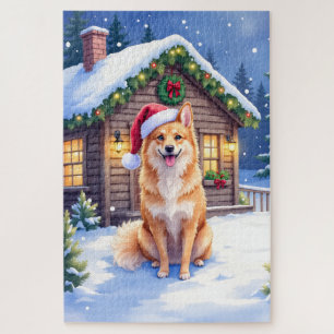 Finnish Spitz Snowy Cabin Santa Hat Christmas Art Jigsaw Puzzle