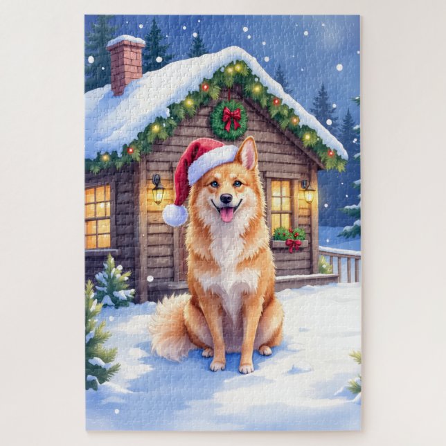 Finnish Spitz Snowy Cabin Santa Hat Christmas Art Jigsaw Puzzle (Vertical)