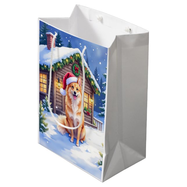 Finnish Spitz Snowy Cabin Santa Hat Christmas Art Medium Gift Bag (Front Angled)
