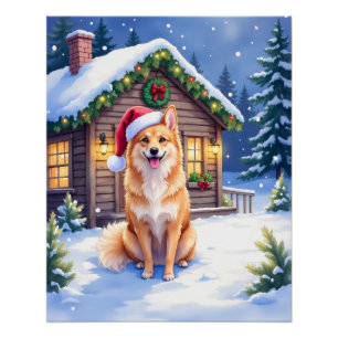 Finnish Spitz Snowy Cabin Santa Hat Christmas Art Poster