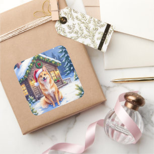 Finnish Spitz Snowy Cabin Santa Hat Christmas Art Square Sticker