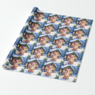 Finnish Spitz Snowy Cabin Santa Hat Christmas Art Wrapping Paper