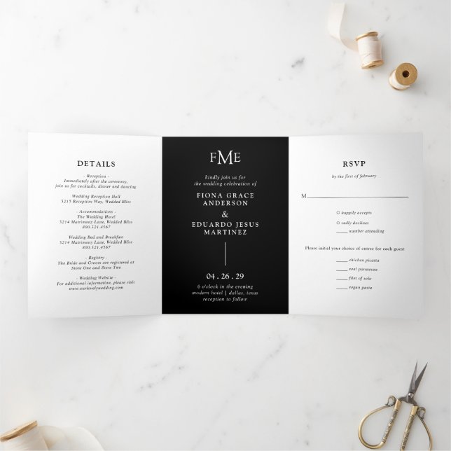 Fiona Black Bold Monogram Modern Wedding Tri-Fold Invitation (Inside)