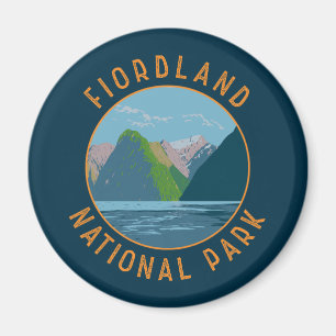 Fiordland National Park New Zealand Retro Circle Magnet