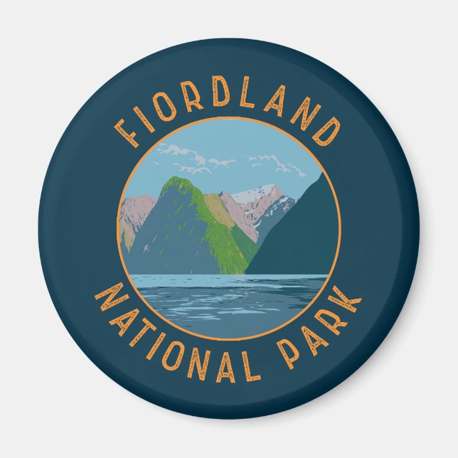 Fiordland National Park New Zealand Retro Circle Magnet (Front)