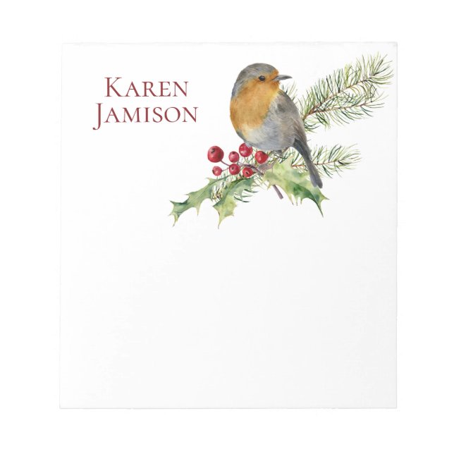 Fir Branch, Holly Berries, Holly Leaves, Bird Notepad (Front)