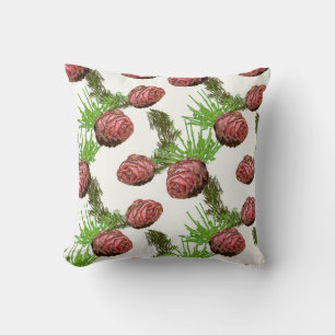 Fir cones and branches on white. throw pillow