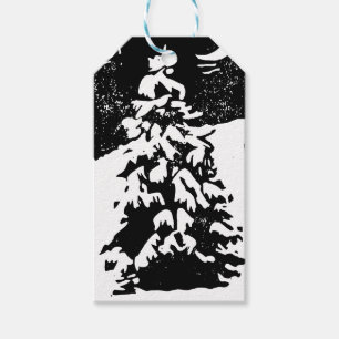 Fir Tree in Snowy Landscape Lino Print Gift Tag