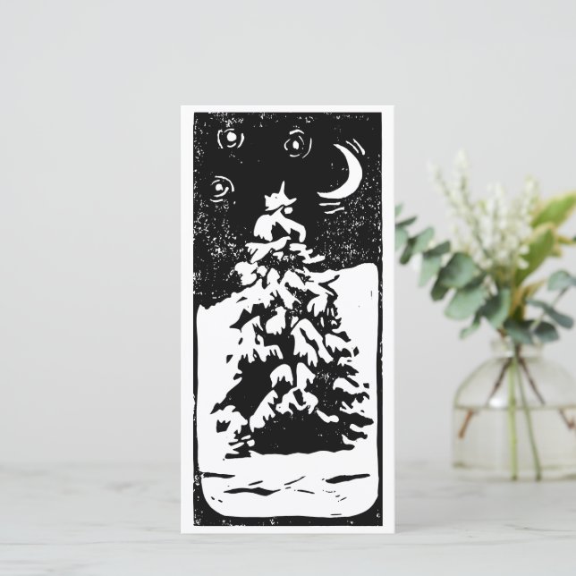 Fir Tree in Snowy Landscape Lino Print Holiday Card (Standing Front)