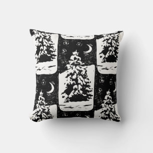 Fir Tree in Snowy Landscape Lino Print Throw Pillow
