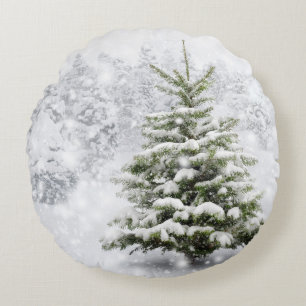 Fir Tree In Thick Snow Round Pillow