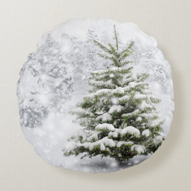 Fir Tree In Thick Snow Round Pillow (Front)