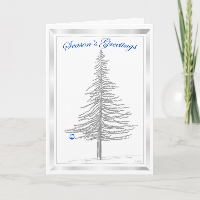 Fir Tree Sketch with Blue Ornament Holiday Card (Front)