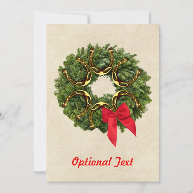 Fir Wreath with Gold Horseshoes & Red Bow Custom Invitation (Front)