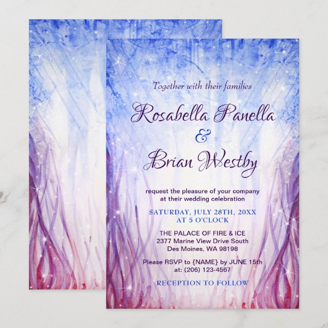Fire and Ice Wedding Invitations | Blue Magenta (Front/Back)