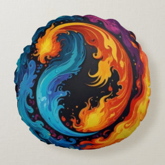 Fire and Water Abstract Art Design Round Pillow