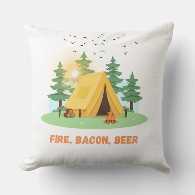 Fire. Bacon. Beer. – Camping  Throw Pillow (Front)