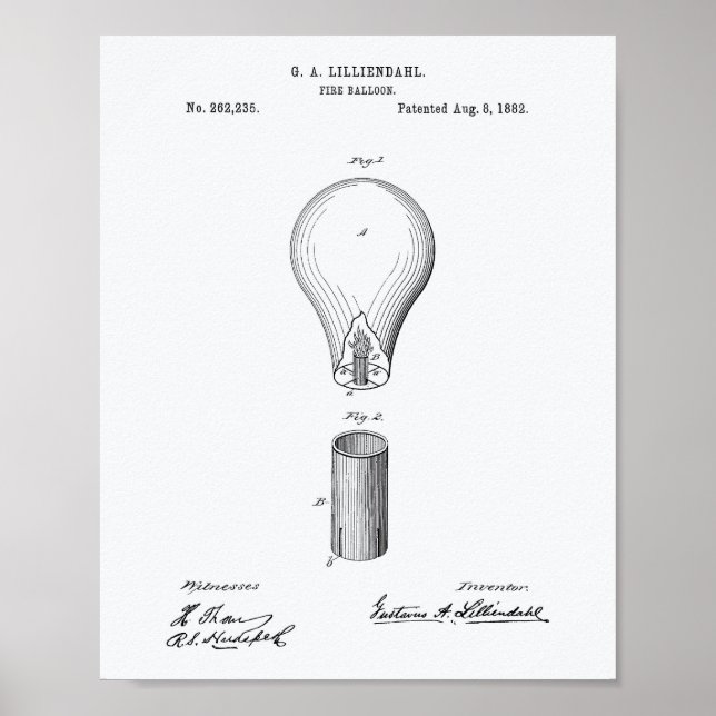 Fire Balloon 1882 Patent Art White Paper Poster (Front)
