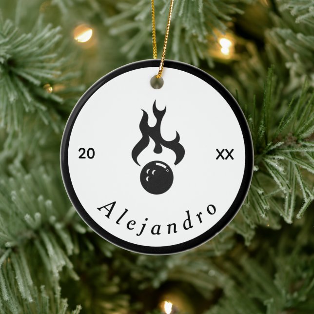 Fire Bowling Ball Black & White Elegant Sport Cool Ceramic Ornament (Tree)