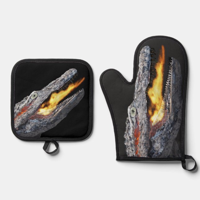 Fire-breathing Alligator Oven Mitt & Pot Holder Set (Front)