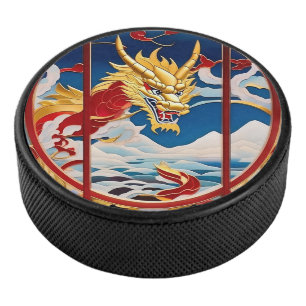 Fire breathing dragon Gold And Red Hockey Puck