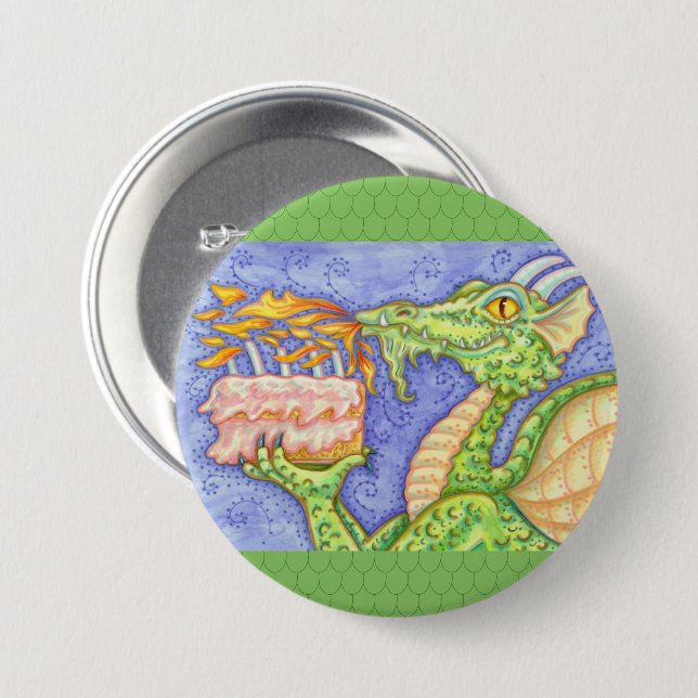 FIRE BREATHING DRAGON LIGHTING BIRTHDAY CANDLES 3 INCH ROUND BUTTON (Front & Back)