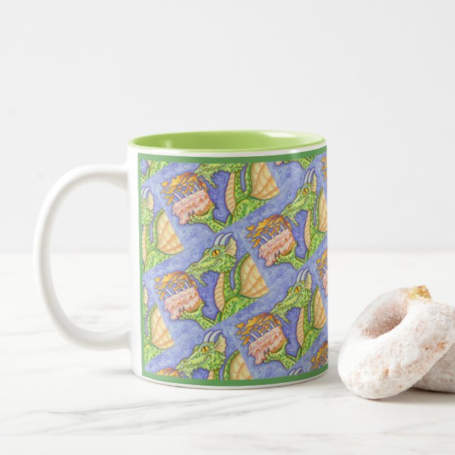 FIRE BREATHING DRAGON LIGHTING BIRTHDAY CANDLES Two-Tone COFFEE MUG (With Donut)