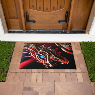 Fire breathing dragon red and gold scales door mat