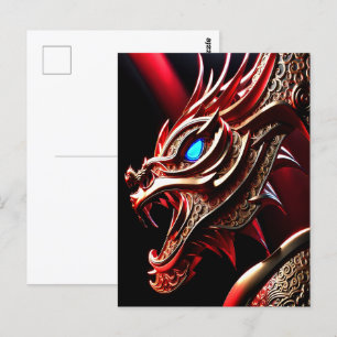 Fire breathing dragon red and gold scales postcard