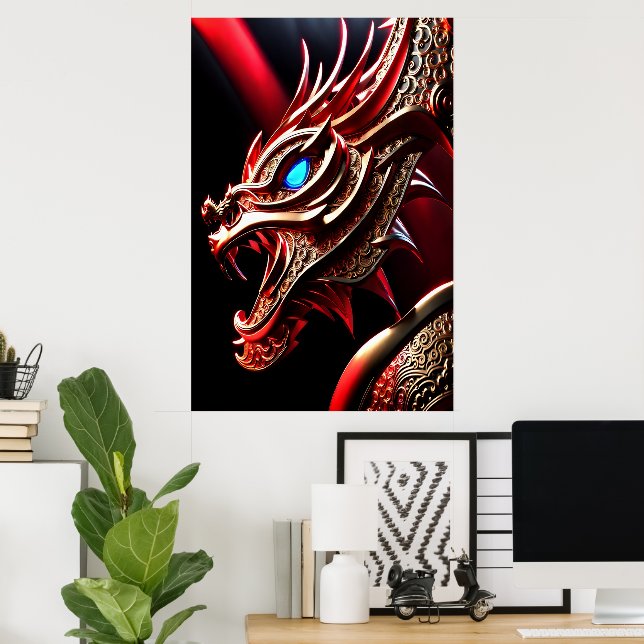 Fire breathing dragon red and gold scales poster (Home Office)